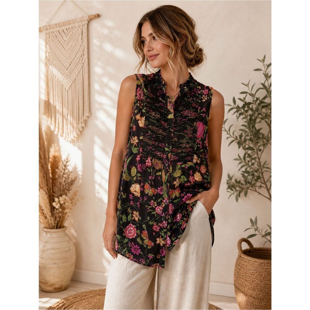 Anthropologie Bohemian Black Floral Sleeveless Button-Up Blouse
